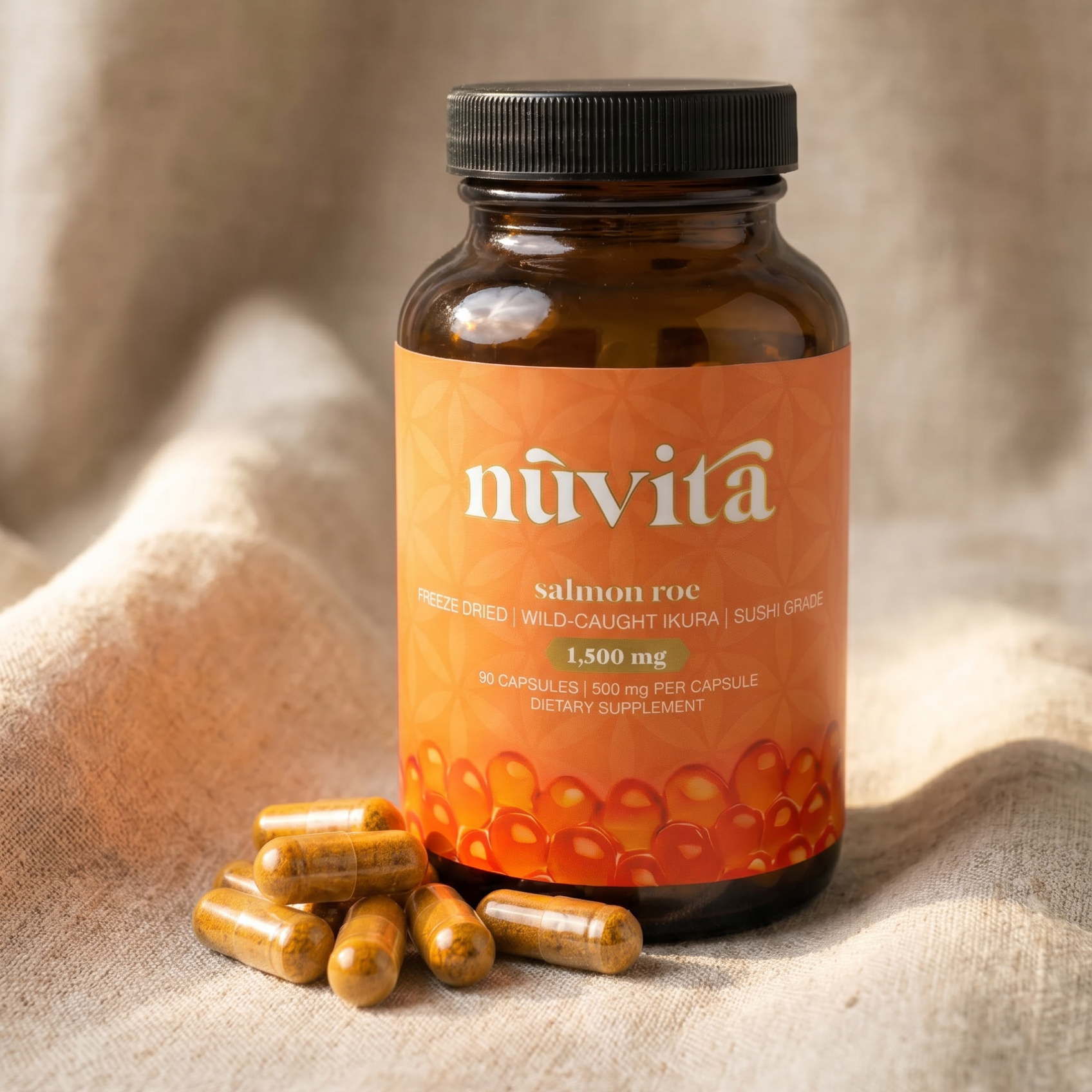 Jar of Salmon roe supplement with capsules sitting on a table cloth