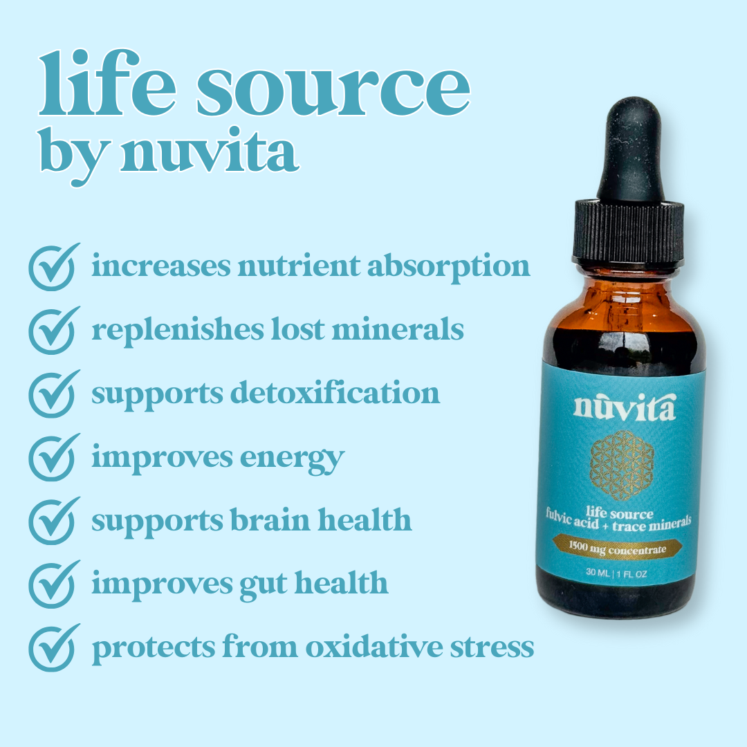 Bottle of Nuvita's Life Source Trace Minerals plus Fulvic Acid listing some of the benefits