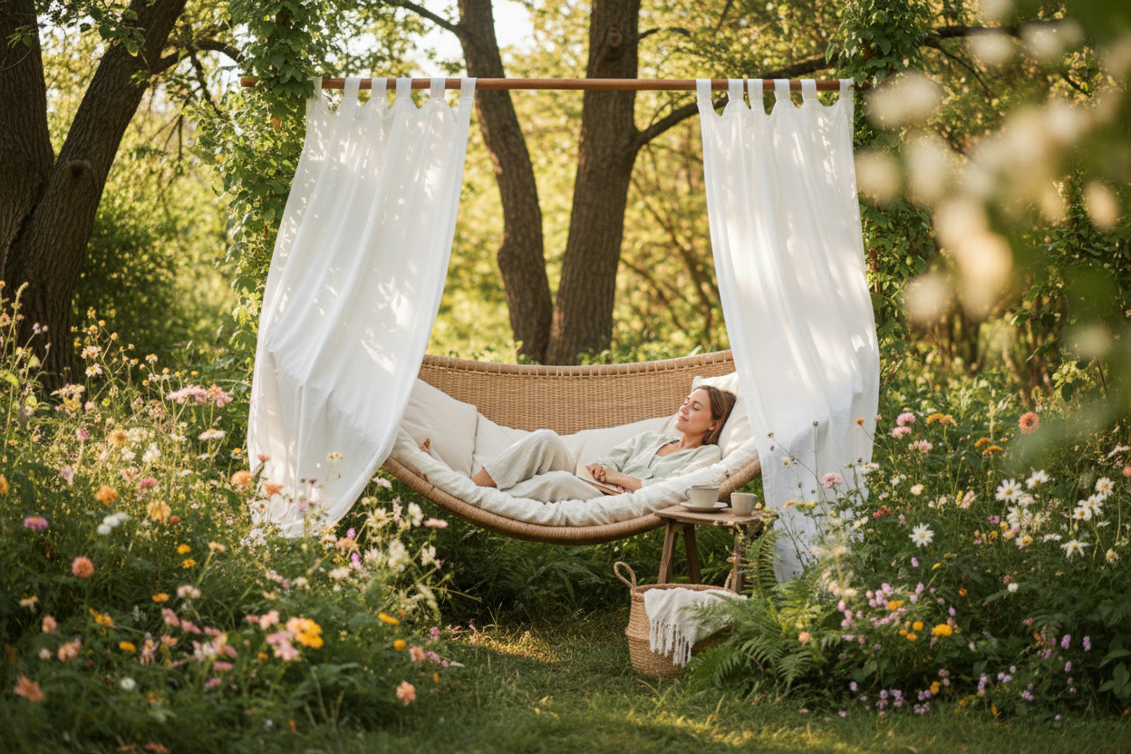 woman relaxing in a a beautiful flower garden encircled with white drapes