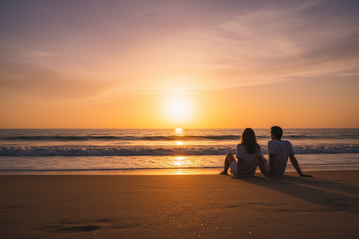 two people sitting on a beach watching the sun set