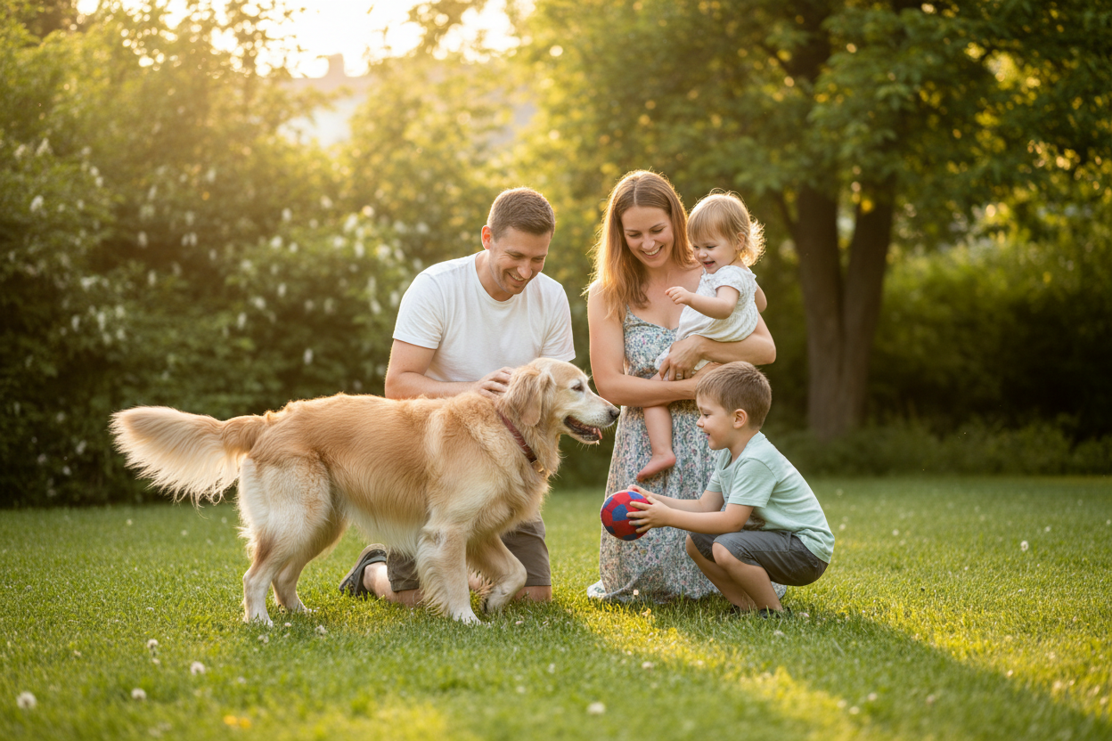 Family playing with an aging dog